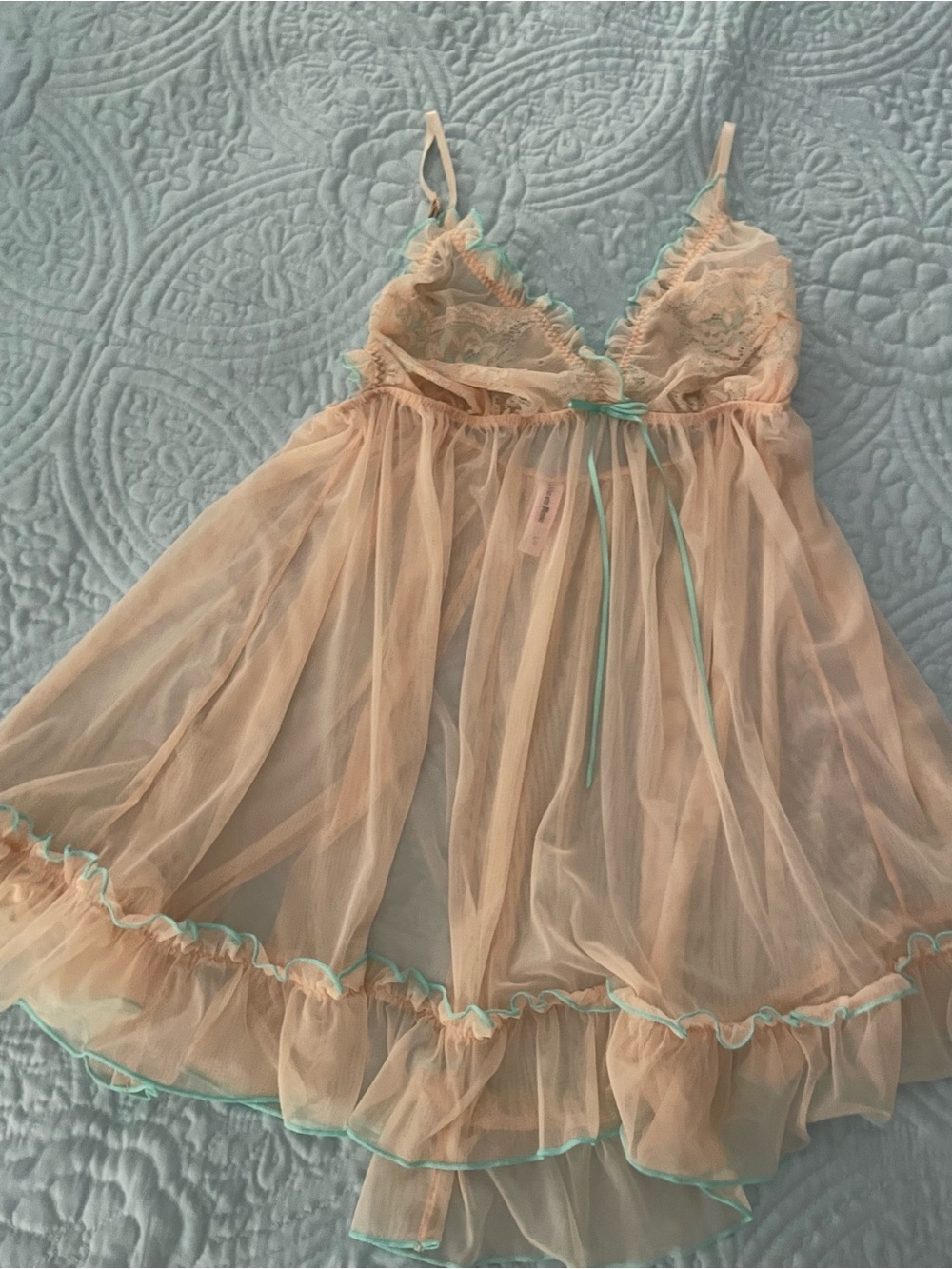 La Vie En Rose Peach Sheer Lace Babydoll with Teal Trim